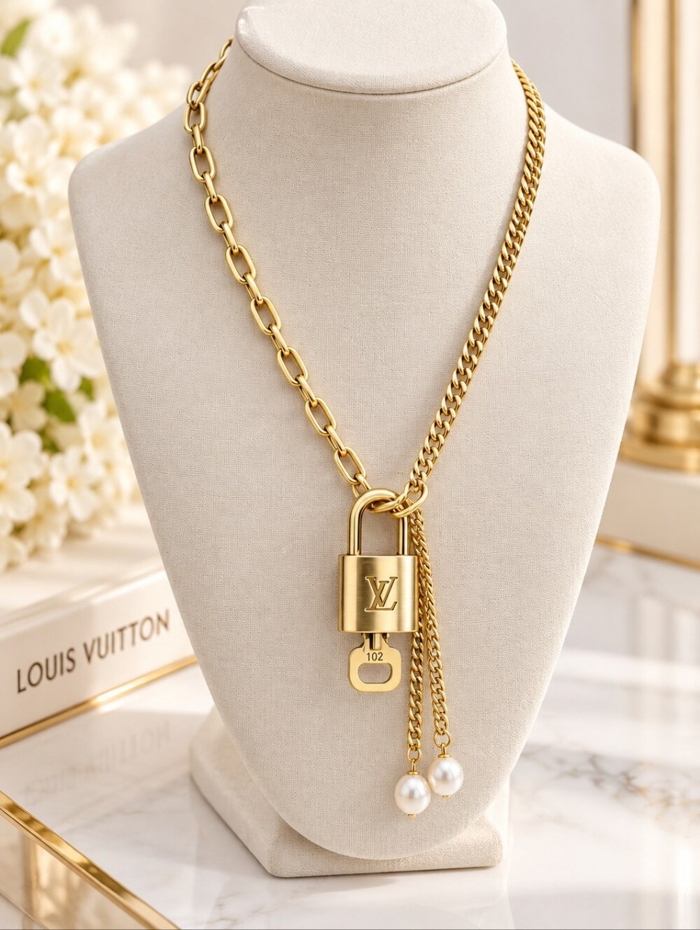 Authentic Louis Vuitton Lock & Key w/ Unbranded Gold Plated Gold Chain Necklace